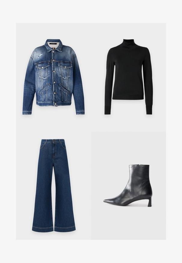 Chaqueta de denim en diferentes tonos de azul, con un acabado desgastado, dos bolsillos en el pecho, bolsillos laterales, costuras visibles y botones de metal.; Suéter negro de manga larga con cuello de tortuga, con puños y dobladillo acanalados, exhibido sobre un fondo blanco liso.; Jeans de mezclilla azul de pierna ancha con una cintura alta, que cuentan con un cierre de botón, pasadores para cinturón y detalles de costura sutil a lo largo de los bolsillos y los dobladillos.; Botín de cuero negro hasta el tobillo con punta afilada y un diseño elegante. Presenta un tacón bajo y un cierre con cremallera en la parte trasera. Textura suave.