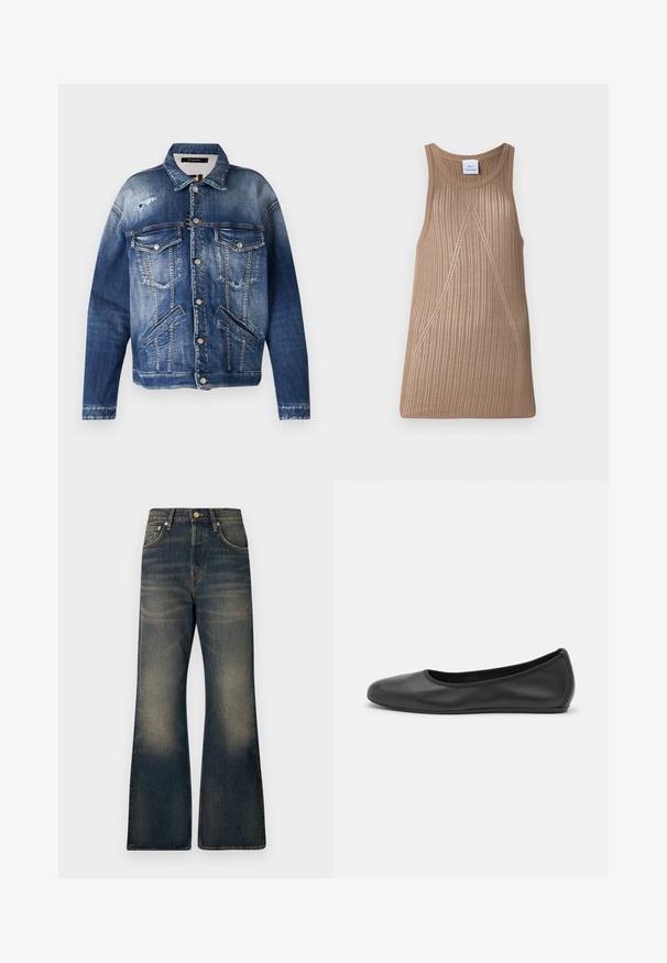 Giacca di jeans in diverse tonalità di blu, con una finitura invecchiata, due tasche sul petto, tasche laterali, cuciture in vista e bottoni in metallo.; Top in maglia senza maniche beige con texture a coste, con una forma ad A e sottili dettagli in cucitura diagonale.; Jeans in denim a gamba larga di colore blu scuro con un lavaggio sfumato, dotati di cinque tasche, chiusura con bottone e dettagli di cucitura a contrasto.; Pantofole da balletto nere in pelle con punta arrotondata, texture liscia, dettagli di cucitura minimi e design con suola flessibile.
