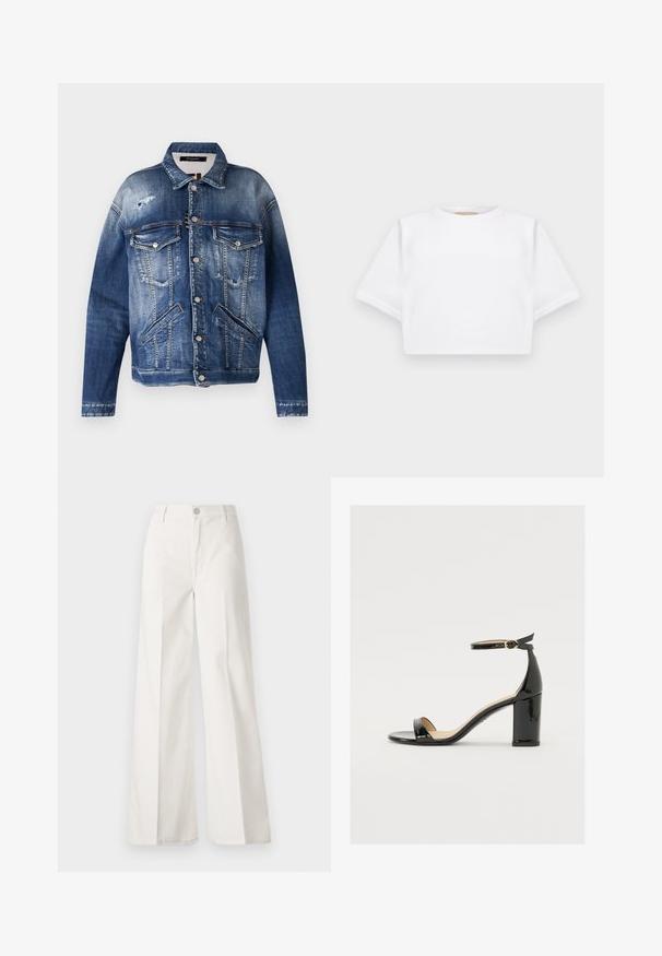 Jeansjacka i olika nyanser av blått, med en väderbiten finish, två bröstfickor, sidofickor, synlig sömnad och metalldetaljer.; Klippt vit t-shirt tillverkad av mjukt tyg, med korta ärmar, rund halsringning och ribbade kantdetaljer. Enkel och utan prål design.; Vita vida-byxor gjorda av bomull med en slät textur. Har en framknapp, gylf med dragkedja och fyra fickor.; Svart lacklädersandal med bred klack, öppen tå och ankelsnöre med ett gyllene spänne. Slät textur och elegant design.