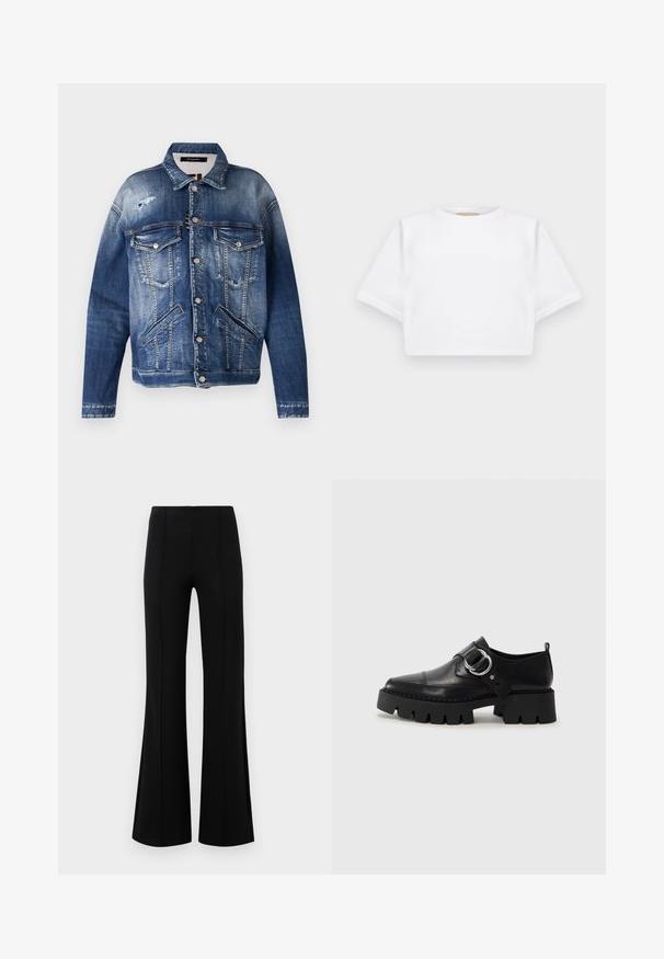 Džínová bunda v různých odstínech modré, s opotřebovaným vzhledem, dvěma náprsními kapsami, bočními kapsami, viditelným stehem a kovovými knoflíky.; Zkrácené bílé tričko vyrobené z měkké látky, má krátké rukávy, kulatý výstřih a žebrované detaily na lemech. Jednoduchý a nezdobený design.; Černé kalhoty s volným zakončením a vysokým pasem, vyrobené z elastického materiálu. Mají vertikální švy na přední straně a hladký povrch.; Černé kožené boty s robustní ribkovanou podešví, zdobené kruhovým stříbrným kovovým prvkem a minimálním švem.
