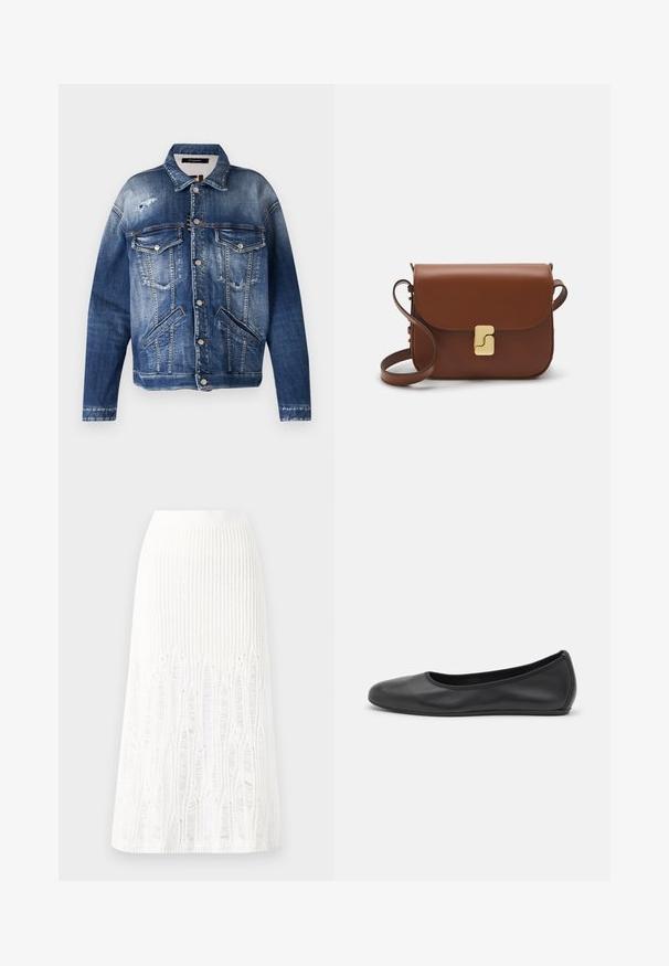 Denim jakk, erinevates sinistes toonides, rõhutatud viimistlusega, kahe rinna taskuga, külgtaskutega, nähtava õmblusega ja metallnuppudega.; Valge lühikeste varrukatega T-särk ribatud kangast. Ümara kaelusega, tavalisest sobivusest ja peente õmbluse detailidega. Ilma mustrite või graafikateta.; Kootud valge midi seelik, millel on tekstuurine muster vertikaalsete joonte ja lõike-detailidega hemmi lähedal. Elastne vöökoht. Pehme materjal.; Musthave mustika tantsutossud mustast nahast, ümmarguse varbaga, siledast tekstuurist, minimaalse õmblusdetailiga ja paindliku tallakujundusega.; Pruunist nahast käekott, millel on klapiga sulgur, kuldne riistvara, õlarihm ja sile tekstuur. Kompaktne ristkülikukujuline vorm.