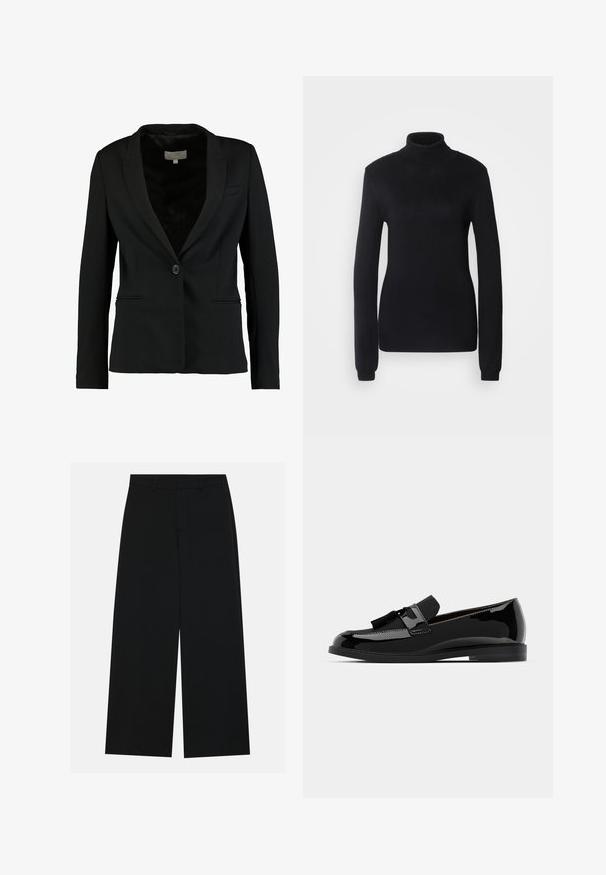 Juodas švarkas, pagamintas iš švelnaus audinio, su vieno mygtuko užsegimu, išpjautomis atlapomis ir dviem priekinėmis kišenėmis, pritaikytas tvirtai.; Juodas golfas, pagamintas iš minkštos megztos medžiagos, su ilgomis rankovėmis ir prigludusia siluete, turintis gyslotą apykaklę ir apatinę kraštą.; Platus juodos kelnės, pagamintos iš lygios medžiagos. Turintis plokščią liemens juostą su dirželių kilpomis ir be matomų kišenių. Paprastas dizainas.; Juodi lakiniai odiniai loaf'eriai su plokščiu kulnu, turintys kutą ir lygų paviršių, suapvalintu smailumi ir švelniu siuvimu.