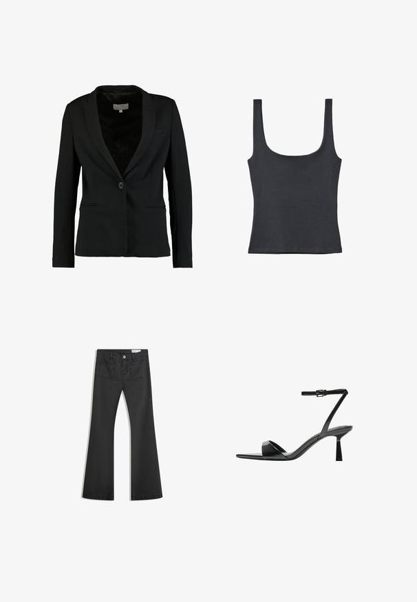 Czarna marynarka z gładkiego materiału, z pojedynczym zapięciem na guzik, klapami wyłamaną oraz dwoma przednimi kieszeniami o dopasowanym kroju.; Czarny top na ramiączkach wykonany z miękkiej mieszanki bawełny, z okrągłym dekoltem i szerokimi ramiączkami, dopasowany, bez widocznych wzorów.; Czarne dżinsy w fasonie z dzwonami, wykonane z denimu o gładkiej teksturze, z dwiema tylnymi kieszeniami i zapięciem na guzik w talii.; Bershka - Sandały na obcasie