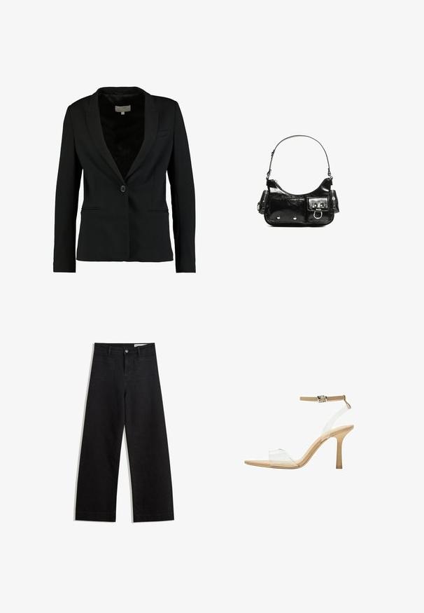 Mustat bleiserit, jotka on valmistettu sileästä kankaasta, sisältävät yksittäisen napin kiinnityksen, aukolliset kaulukset ja kaksi etutaskua, joissa on hyvin istuva malli.; Mustat pitkät hihat lyhyt toppi, jossa on pyöreä kaula-aukko, yksinkertainen muotoilu ja hieman kaareva helma.; Mustat leveät farkut korkealla vyötäröllä, joissa on etu- ja takataskut, ommellut saumat ja nappisuljenta. Silkinoinen rakenne.; Kirkas korkokenkä läpinäkyvällä varrella, beigellä pohjalla ja hoikalla nilkkahihnalla. Ominaisuuksiin kuuluu terävä kärki ja ohut korkea korko.; Mustekko mustasta kiiltonahasta valmistettu käsilaukku, jossa on kaareva muoto, yksi olkahihna, etutaskut ja hopeanväriset yksityiskohdat.