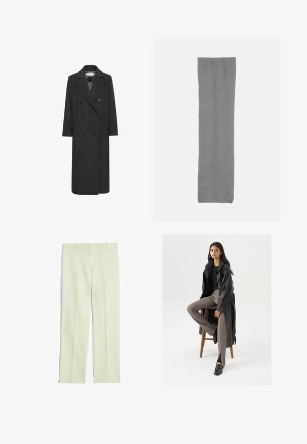 Double-breasted long coat in dark gray wool blend, featuring a notched collar, six buttons, and two front pockets. Smooth texture.; Beige sweater made of soft material, featuring a round neckline and long sleeves. Simple design without patterns or embellishments.; Cream-colored tailored trousers with a straight-leg design, featuring a flat front, belt loops, and a smooth texture.; Black leather trench coat with buttons and belt detail, paired with light brown fitted pants and black loafers, seated on a wooden stool.; Gray knitted scarf, rectangular shape, ribbed texture, featuring a small logo accent in the corner. Soft fabric, even color distribution.; Gray knitted gloves with a ribbed cuff, featuring five individual fingers and a soft texture, ideal for warmth and comfort.