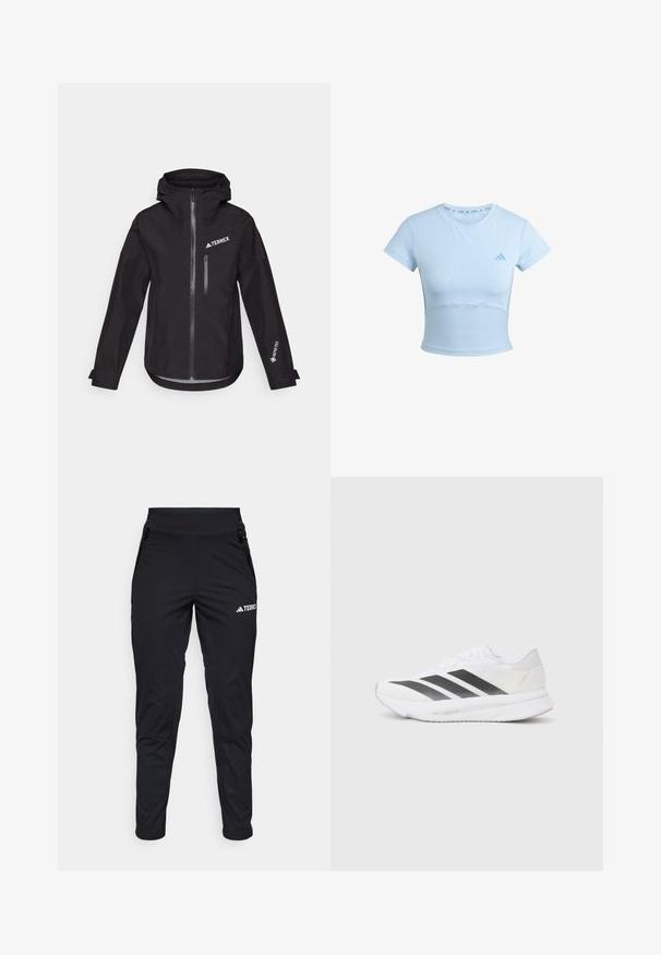 Sort vandtæt jakke med hætte, der har en frontlynlås, en brystlomme og "TERREX" og "GORE-TEX" branding på ærmerne.; Lyseblå cropped trænings t-shirt med korte ærmer, ribbet nederste sektion og subtilt logo på brystet. Glat tekstur, tætsiddende design.; Sorte træningsbukser i glatt stof med en tætsiddende pasform, lynlåslommer og en struktureret underben. Logo printet på forsiden.; Hvide sportsko med sorte diagonale striber, mesh-overdel, rund tå og tekstureret sål. Accenter inkluderer en sølv hæl og et minimalistisk design.