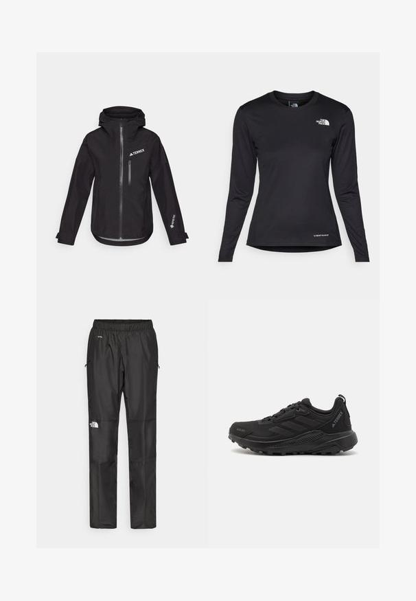 Black waterproof jacket with a hood, featuring a front zipper, a chest pocket, and "TERREX" and "GORE-TEX" branding on the sleeves.; The North Face SHADOW LONG SLEEVE - Long sleeved top - black; Black waterproof pants made from lightweight fabric, featuring an elastic waistband, side pockets, and a logo on the left leg.; Black athletic shoes featuring a textured synthetic upper, lace closure, thick rubber sole, and discreet logo accents on the side and heel.