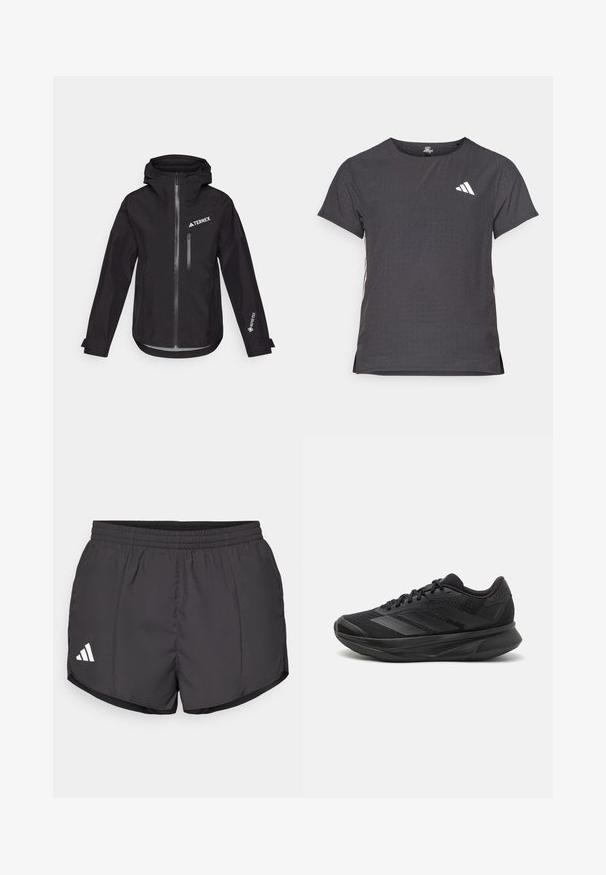 Černá voděodolná bunda s kapucí, vybavená předním zipem, kapsou na hrudi a brandingem "TERREX" a "GORE-TEX" na rukávech.; Kraťasový sportovní tričko, tmavě šedé barvy s perforovanou texturou. Obsahuje bílé logo a kontrastní boční pruhy. Kulatý výstřih.; Černé sportovní šortky vyrobené z lehkého materiálu, s elastickým pasem a bílým logem Adidas na dolní levé straně.; Černé běžecké boty s prodyšným síťovaným svrškem, kulatou špičkou, elegantním designem, texturovanými detaily a polstrovanou podrážkou pro pohodlí.
