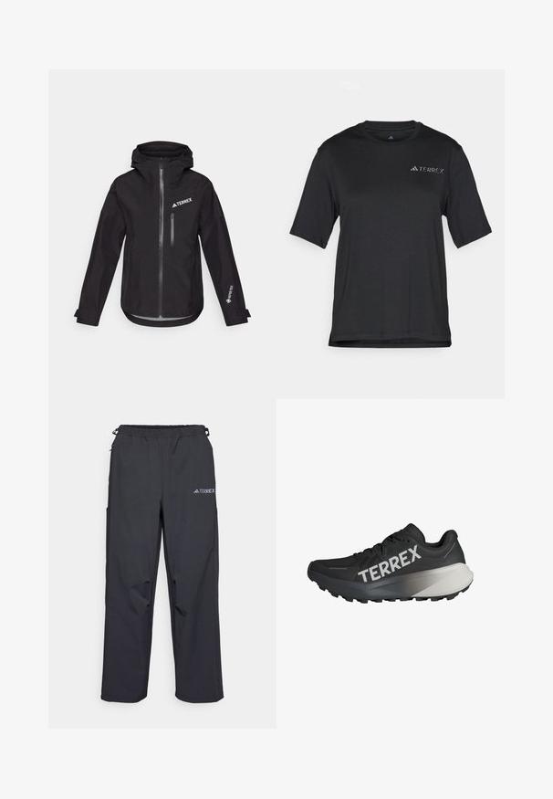 Giacca impermeabile nera con cappuccio, dotata di zip frontale, tasca sul petto e loghi "TERREX" e "GORE-TEX" sulle maniche.; T-shirt nero a maniche corte realizzato in tessuto leggero. Presenta un colletto a girocollo e un piccolo logo bianco "TERREX" sul petto.; Pantaloni leggeri neri per esterni con vita elasticizzata, tasche laterali e un logo sulla coscia destra. Tessuto liscio e resistente all'acqua.; Scarpe da corsa nere con una parte superiore testurizzata, prominente logo "TERREX" in bianco, design del suola affusolato e un accento grigio sfumato sul tallone.