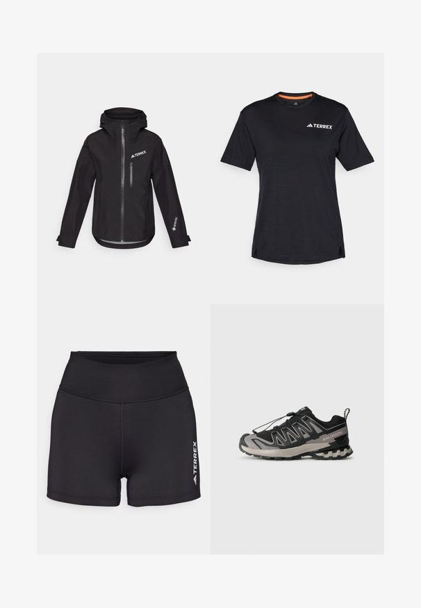 Schwarze wasserdichte Jacke mit Kapuze, ausgestattet mit einem Frontreißverschluss, einer Brusttasche und "TERREX" sowie "GORE-TEX" Branding auf den Ärmeln.; Schwarzes Kurzarm-T-Shirt mit Rundhalsausschnitt, das eine dezente melierte Textur aufweist und ein weißes "TERREX"-Logo auf der oberen linken Seite hat.; Schwarze Sportshorts aus glattem, dehnbarem Material mit einem hohen Bund. Mit weißem "TERREX"-Logo auf der unteren rechten Seite.; Schwarzer und grauer Sportschuh mit einem Obermaterial aus Mesh, Gummisohle und elastischem Schnürsystem. Verfügt über eine verstärkte Zehenkappe und strukturierte Akzente.