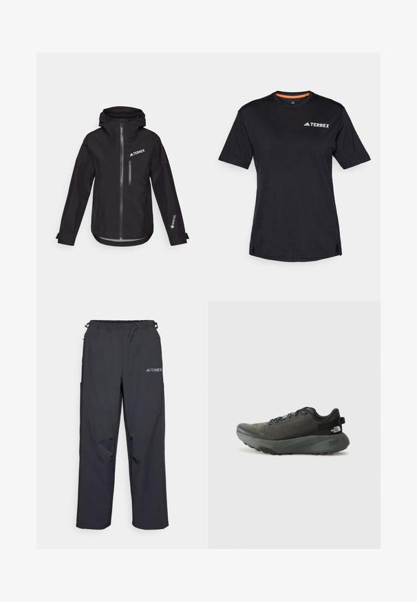 Svart vattentålig jacka med huva, som har en framficka med dragkedja, en bröstficka samt "TERREX" och "GORE-TEX" märken på ärmarna.; Svart kortärmad T-shirt med rund halsringning, med en subtil melerat struktur och vit "TERREX"-logotyp på den övre vänstra sidan.; Svarta, lätta utomhusbyxor med ett elastiskt midjeband, fickor på sidorna och en logotyp på övre högra benet. Slät, vattentålig tyg.; Mörkgrå sportskor med ett strukturerat tygöverkast, platta snören, förstärkt tå och tjock, robust sula för grepp. 300 präglat på hälen.