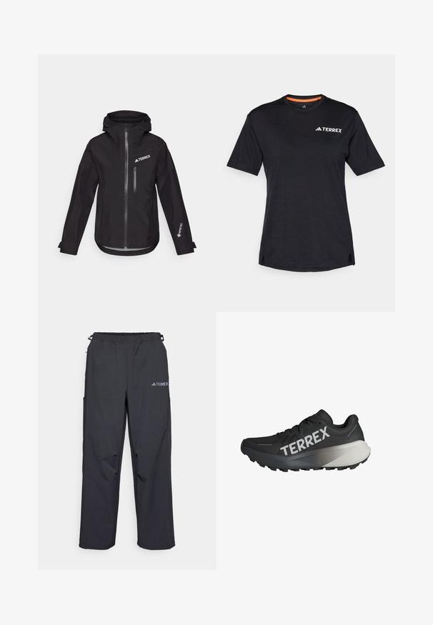 Veste noire imperméable avec capuche, comprenant une fermeture éclair frontale, une poche poitrine, et les logos "TERREX" et "GORE-TEX" sur les manches.; T-shirt noir à manches courtes avec col rond, présentant une texture chinée subtile et un logo "TERREX" blanc sur le côté supérieur gauche.; Pantalons d'extérieur noirs, légers, avec une taille élastique, des poches latérales et un logo sur la jambe droite supérieure. Tissu lisse et résistant à l'eau.; Chaussure de course noire avec une tige texturée, logo "TERREX" bien visible en blanc, design de semelle effilée et un accent dégradé gris au niveau du talon.
