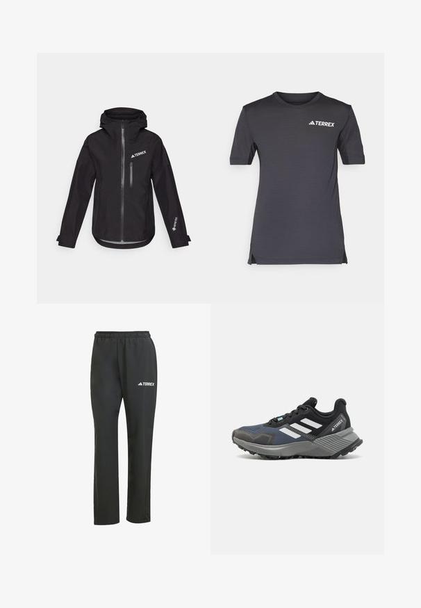 Black waterproof jacket with a hood, featuring a front zipper, a chest pocket, and "TERREX" and "GORE-TEX" branding on the sleeves.; Dark gray short-sleeve shirt made of lightweight material, featuring a round neckline and a white TERREX logo on the chest.; Black lightweight pants with an elastic waistband. Features a subtle “TERREX” logo in white. Smooth fabric and straight-leg design.; Sport shoe with mesh upper in shades of black and blue. Features white stripes, grey rubber outsole, and textured midsole for traction.