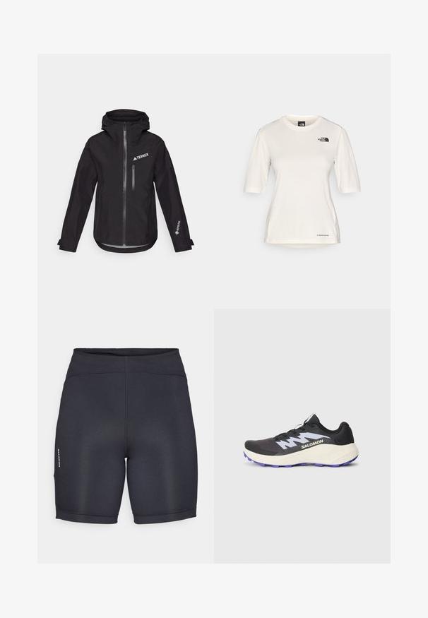 Crna vodootporna jakna s kapuljačom, koja ima prednji patentni zatvarač, džep na prsima i brendiranje "TERREX" i "GORE-TEX" na rukavima.; The North Face SHADOW SHORT SLEEVE - Sportska majica - white dune; Crne atletske kratke hlače od glatkog, rastezljivog materijala. Imaju visoki pojas i božne detalje s logotipom. Jednostavan, elegantan dizajn.; Crne atletske cipele s ljubičastim potplatom, teksturiranim mrežastim gornjim dijelom i kontrastnim sivo akcentima. Ima vezice i istaknuti logo sa strane.