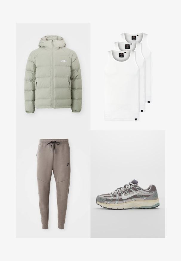 Šviesiai žalia pūkinė striukė su gobtuvu, turinti užtrauktuką priekyje, elastines rankogalius ir logotipą kairėje krūtinės pusėje. Lygus paviršius ir siuvinėjimo dizainas.; Trys balti, dryžuoti marškiniai be rankovių, pagaminti iš medvilnės. Yra apvalus kaklas ir maži juodi etiketės netoli siūlės. Siūlomi įvairių dydžių.; Pilkos Nike kelnės su raišteliu liemenyje, siaurėjančiomis kojomis, šoninėmis kišenėmis ir išskirtiniais siūlų detalėmis. Minkšta, tekstūruota medžiaga.; Pilkas sportinis batas su tinklu ir zomšos viršutine dalimi, baltomis detalėmis, paminkštintu padu ir išskirtiniu dizainu su atspindinčiais elementais.