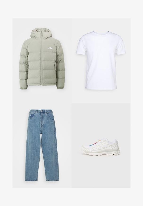 Šviesiai žalia pūkinė striukė su gobtuvu, turinti užtrauktuką priekyje, elastines rankogalius ir logotipą kairėje krūtinės pusėje. Lygus paviršius ir siuvinėjimo dizainas.; Balta trumpomis rankovėmis marškinėliai, pagaminti iš medvilnės audinio, su apvaliu kaklu. Paprastas dizainas be raštų ar akcentų. Lygi tekstūra.; Šviesiai mėlynos džinsinės kelnės su aukštu liemeniu, laisvo kirpimo, turinčios dvi priekinės kišenes, nugarinę kišenę su užklijuotu logotipu ir kniedinį užsegimą.; Baltas sportinis batelis su tekstūruotu tinkliniu viršumi, atspindinčiais akcentais ir paminkštintu padu. Išskirtinis prekės ženklo logotipas šone.