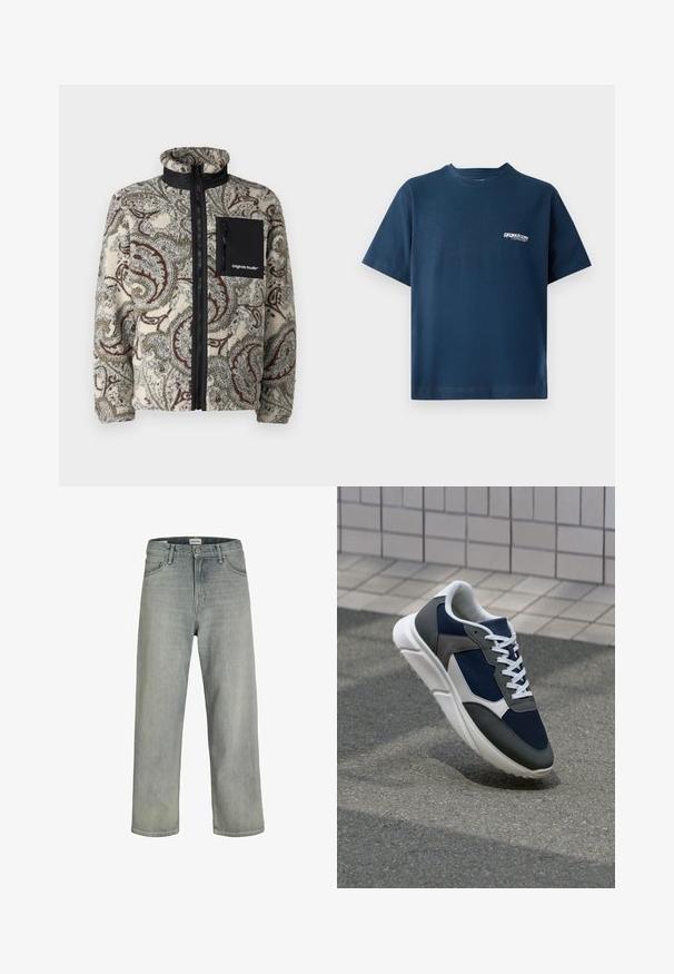 Jack & Jones JORVESTERBRO - Fleecejacke - silver birch; Navyblaue Baumwoll-T-Shirt mit kurzen Ärmeln und rundem Halsausschnitt. Mit einem kleinen weißen Logo im linken Brustbereich. Weiche Textur.; Hellgraue, locker sitzende Jeans aus Denim. Verfügt über ein klassisches Fünf-Taschen-Design, Gürtelschlaufen und eine gerade Bein-Silhouette.; Sneaker mit einem Obermaterial aus navyblauem Mesh, grauen Wildlederelementen, einer weißen Gummisohle und flachen weißen Schnürsenkeln, entworfen für Komfort und Atmungsaktivität.