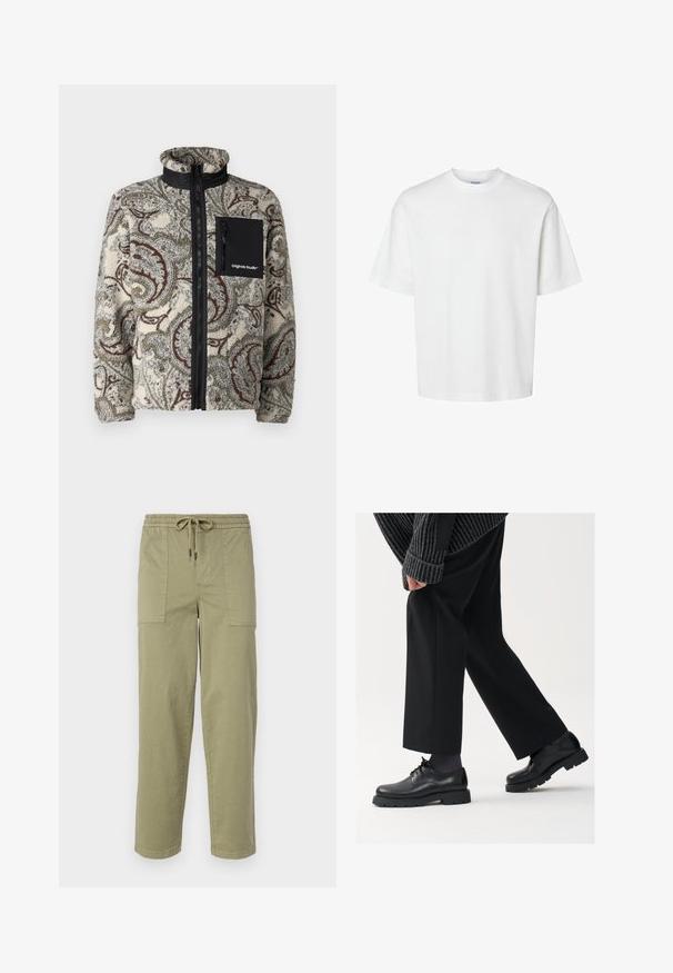 Jack & Jones JORVESTERBRO - Fleece jacket - silver birch; White cotton t-shirt with short sleeves, crew neckline, and a relaxed fit. Smooth texture with no visible patterns or accents.; Light olive green pants made of cotton blend fabric, featuring an elastic waistband with drawstring, and two large side pockets.; Black leather shoes with a rounded toe, lace-up design, and thick, textured sole. Worn with tailored black trousers and a ribbed sweater.