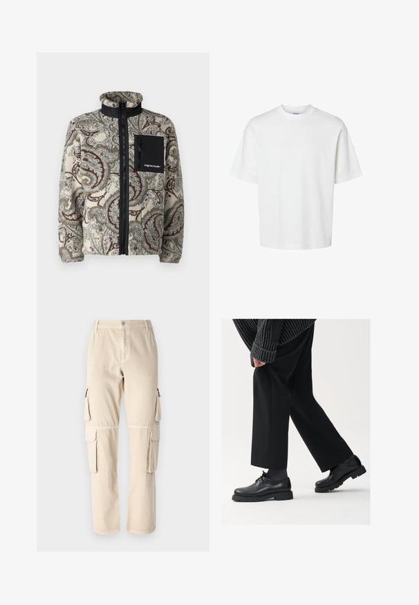 Jack & Jones JORVESTERBRO - Fleecejacke - silver birch; Weißes Baumwoll-T-Shirt mit kurzen Ärmeln, Rundhalsausschnitt und lässigem Schnitt. Glatte Textur ohne sichtbare Muster oder Akzente.; Beige Cargo-Hosen aus Baumwolle. Sie verfügen über Seitentaschen, ein gerades Bein-Design und einen Knopfverschluss am Bund. Schlichte Steppdetails.; Schwarze Lederschuhe mit einer runden Spitze, Schnürdesign und dicker, strukturierter Sohle. Getragen mit maßgeschneiderten schwarzen Hosen und einem gerippten Pullover.