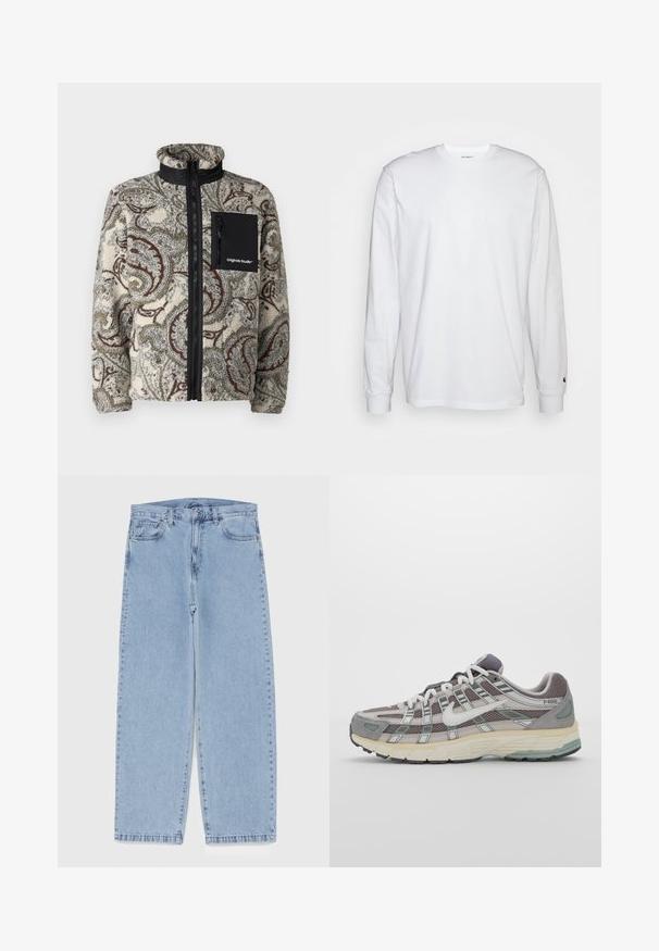 Jack & Jones JORVESTERBRO - Fleecejacke - silver birch; Weißes Langarm-T-Shirt aus Baumwolle. Rundhals-Design mit gerippten Bündchen und kleinem Logo auf dem linken Ärmel. Glatte Textur.; Hellblaue Jeans aus Denim mit geradem Bein, ausgestattet mit einer mittelhohen Taille, fünf Taschen sowie einem Knopf- und Reißverschluss.; Grauer Sportschuh mit einem Obermaterial aus Mesh und Wildleder, weißen Akzenten, einer gepolsterten Sohle und einem charakteristischen Design mit reflektierenden Elementen.