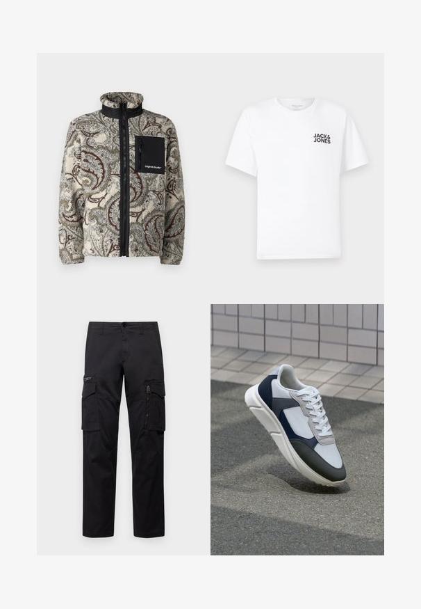 Jack & Jones JORVESTERBRO - Fleece jacket - silver birch; White cotton t-shirt, short sleeves, crew neck. Features black text logo "JACK & JONES" on the left chest area. Simple, plain design.; Black cargo pants featuring multiple pockets, a zippered pocket on thigh, straight fit, and sturdy cotton fabric with slight sheen.; White, navy, and gray sneaker with a mixed material design, featuring a textured upper, flat laces, and a cushioned sole.