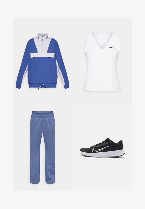 Chaqueta de pullover en azul y lila claro con cuello alzado, cremallera frontal, puños elásticos y cordón ajustable en el dobladillo; cuenta con un bolsillo frontal.; Top atlético sin mangas de color blanco con escote en V, detalle recortado y logo de Nike en negro en el lado izquierdo del pecho. Está confeccionado con una tela transpirable.; Pantalones deportivos azules con cintura elástica, bolsillos laterales y un pequeño parche de logo multicolor cerca del bolsillo izquierdo. Textura de tela suave.; Zapatilla deportiva de malla negra con acentos blancos, diseñada para la comodidad. Presenta una puntera redonda, cierre de cordones en la parte delantera y una suela media gruesa blanca.
