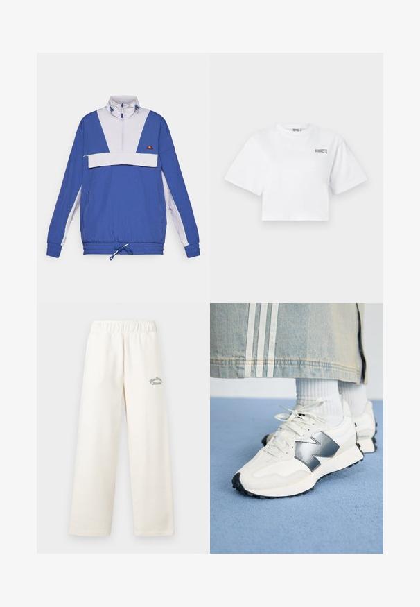 Blauwe en lichtpaarse pulloverjack met opstaande kraag, een voorrits, elastische manchetten en een verstelbare onderrand met trekkoord; heeft een voorzak.; Witte korte mouwen cropped t-shirt met een klein "HOSIE" en Puma logo op de bovenkant van de linkerborst.; Crème kleurige wijde broek gemaakt van zacht materiaal met een elastische tailleband. Heeft subtiele groene geborduurde tekst aan de voorkant.; Witte sport sneakers met een zilveren accent, textiel en glad leer; met een zwarte rubberen zool en veters.