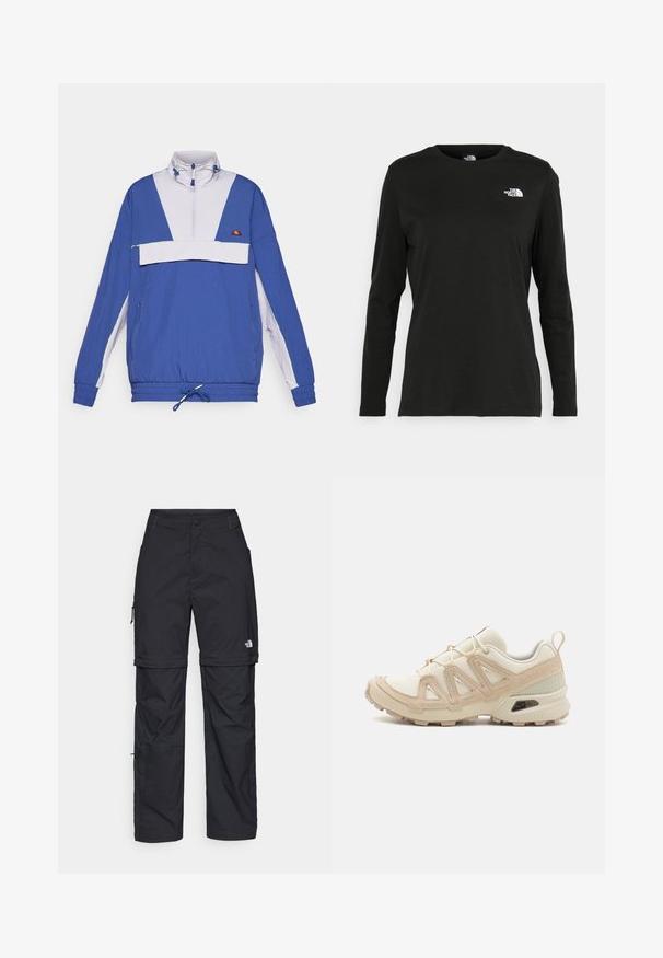 Sinine ja helesinine pulloveri jope, millel on püsti kaelus, esi tõmblukk, elastsed mansetid ja reguleeritav alumine kumm; sisaldab eesmist taskut.; Must mustahiheline T-särk, millel on pikad varrukad, valmistatud puuvillast ja ümarast kaelusest. Vasakul rinnal on väike valge logo. Lihtne disain ja sobivus.; Mustad nailonist valmistatud eemaldatavad cargo-püksid, reguleeritavate pahkluudega, mitmete taskutega ja paremal jalal logoga. Sile, kerge tekstuur.; Beež ja koobalti spordijalats tekstureeritud võrkkattega, toetavad ülemised kihid ja kummist tallaga, millel on mustriga joonistus haardeks.