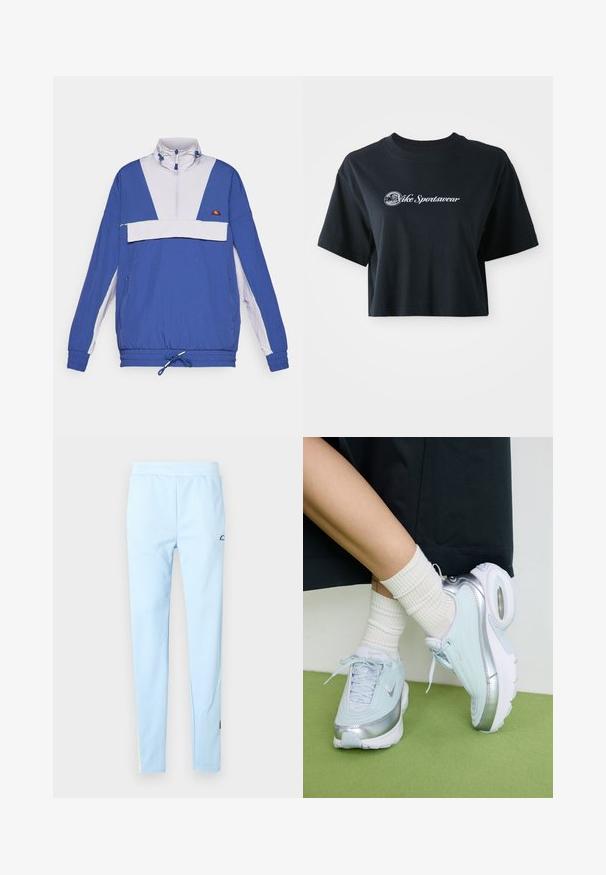 Jachetă pulover de culoare albastră și mov deschis, cu guler înalt, fermoar frontal, manșete elastice și cordon ajustabil la bază; dispune de o buzunar frontal.; Tricou negru din bumbac, scurt, cu mâneci scurte, având text alb "Vice Sportswear" și un grafic circular pe față.; Pantaloni atletici de un albastru deschis, cu o textură netedă, talie elastică și un model subtil. Prezentă un logo aproape de șold și accente de culoare la tiv.; Tenisi bleu deschis cu accente argintii, suprastructură texturată, talpă căptușită și unitate de aer vizibilă. Asociati cu șosete albe cu dungi.