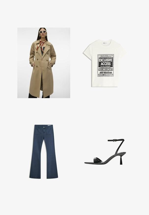 Beige double-breasted trench coat with large buttons, side pockets, and a back vent. Features a wide collar and smooth fabric texture.; White t-shirt with black text promoting a music event, featuring "Exclusive Access," "Rock Indie Concerts," and "Superstar Music Experience."; Dark blue flared denim jeans with stitched pockets, a button closure, and a smooth texture. Features a classic five-pocket design.; Bershka High heeled sandals - black
