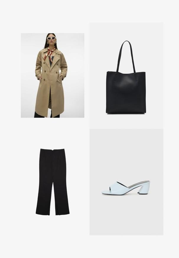 Béžový dvouřadý trenčkot s velkými knoflíky, postranními kapsami a rozparkem vzadu. Má široký límec a hladkou texturu látky.; Černý top na ramínka vyrobený z bavlny, s kulatým výstřihem a širokými průramky. Hladká textura s prošitými lemy. Klasický, minimalistický design.; Černé kalhoty s rovným střihem, s předními kapsami a bočními rozparky na lemu. Vyrobené z jemné, hladké tkaniny. Vhodné na různé příležitosti.; Světlé modré lodičky s otevřenou špicí a geometrickým designem, se širokým páskem přes nohu a masivním, úhlovým podpatkem.; Černá kožená taška přes rameno s hladkým povrchem, obdélníkovým tvarem a dvěma dlouhými uchy. Žádné viditelné kování ani ozdoby.