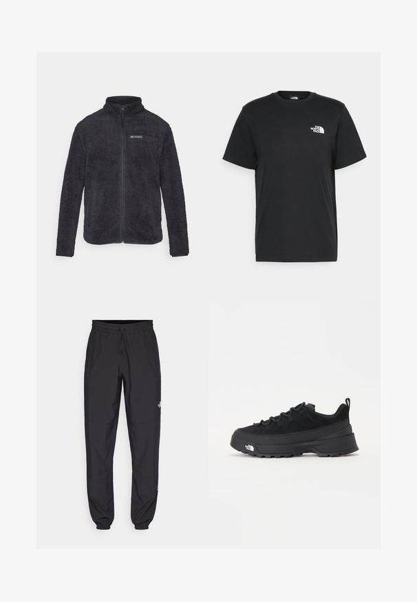 Black fleece jacket with a high collar, full-length zipper, two side pockets, and a logo patch on the left chest area. Soft texture.; Black cotton t-shirt with short sleeves, crew neck, and a small white logo on the left chest. Simple design, smooth texture, and relaxed fit.; Black athletic pants made from lightweight fabric, featuring a drawstring waistband, side pockets, and tapered cuffs at the ankles.; Black outdoor sneaker with a suede upper, textured rubber sole, and sturdy lacing system. Features a reinforced heel and brand logo on the side.
