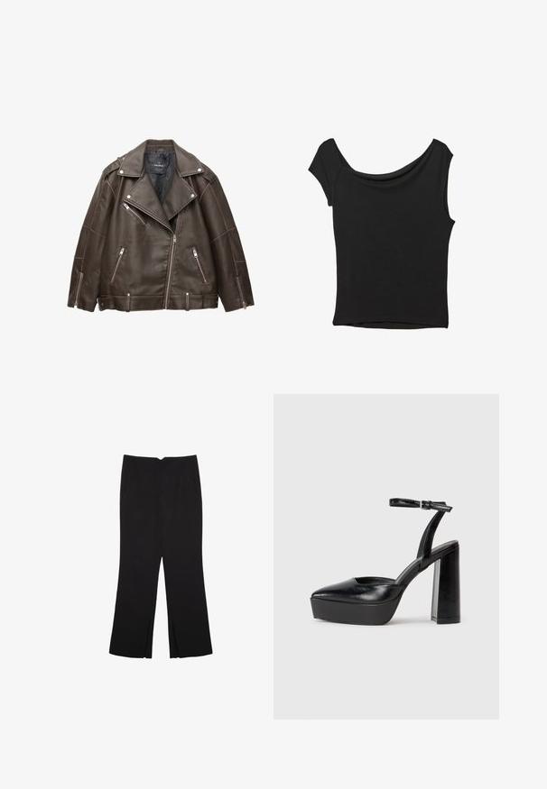 Smeđa faux kožna motoristička jakna sa širokim reverima, srebrnim patentnim zatvaračima na džepovima i rukavima, te podesivim remenčićima na rubu.; Crna majica kratkih rukava od glatkog materijala; ima drapirani izrez i asimetrični donji rub, uz prilagođeni kroj tijela.; Crne hlače ravnog kroja, s prednjim džepovima i bočnim prorezima na rubu. Izrađene od mekog i glatkog materijala. Pogodne za razne prigode.; Crne platforme s potpeticom s oštrim vrhom i podešivom naramenicom. Izrađene od glatke kože, s masivnom blok petom.