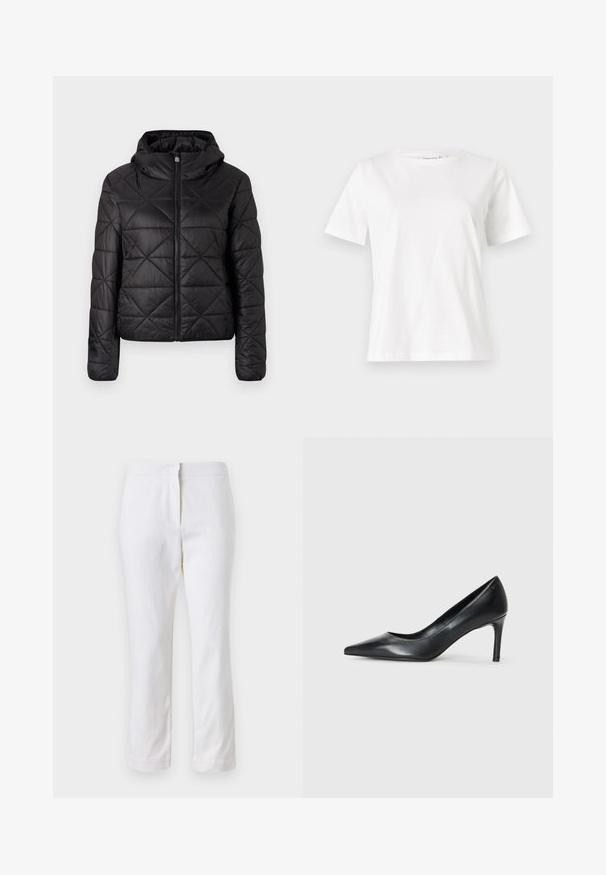 Črn podložen plašč s kapuco, ki ima sprednji zadrgo in mehko, gladko teksturo. Diamantni vzorec po celotni tkanini.; Bela bombažna majica s kratkimi rokavi, okroglo izrezana in ohlapnega kroja. Gladka tekstura, brez vzorcev ali dodatkov, minimalističen dizajn.; Beli bombažne hlače s ravnim krojem, srednje visoko pasom, brez vidnih kovinskih elementov ali vzorcev. Gladka textura po vsej površini.; Črne usnjene špicaste čevlje na peto z ozko peto, gladko teksturo in brez vidnih okrasnih detajlov. Čist dizajn z minimalistično estetiko.