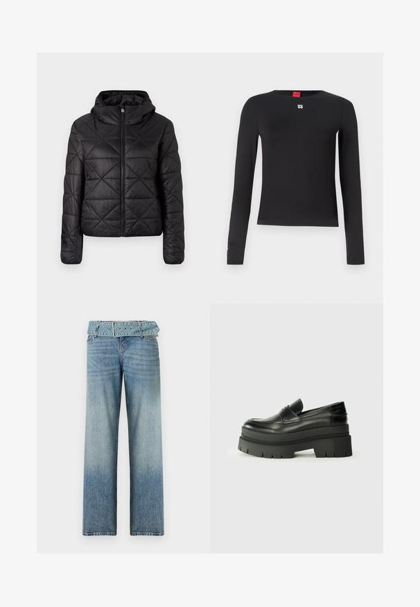 Zwarte gewatteerde jas met een capuchon, voorzien van een rits aan de voorkant en een zachte, gladde textuur. Ruitpatroon over de stof.; Zwarte langemouwen shirt gemaakt van gladde stof. Heeft een ronde halslijn en een klein zilveren logo op de borst. Minimalistisch ontwerp.; Lichtblauwe denim jeans met een brede pijpdesign, voorzien van een bijpassende tailleriem en een geleidelijke vervaging van donker naar licht.; Zwarte lederen loafers met een chunky plateauzool. Rondere neus, naden aan de voorkant en subtiele stikselaccenten. Vlakke, gestructureerde buitenzool.