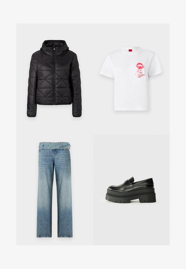 Chaqueta acolchada negra con capucha, que cuenta con una cremallera frontal y una textura suave y lisa. Patrón de diamante en toda la tela.; Camiseta de algodón blanca con mangas cortas, que presenta una impresión de labios rosas y un gráfico de lápiz labial, junto con el texto "La Nuit Devious."; Jeans de mezclilla azul claro con un diseño de pierna ancha, que presentan una cintura con cinturón a juego y un desvanecimiento gradual de oscuro a claro.; Mocasines de cuero negro con suela de plataforma contundente. Punta redondeada, detalle de costura en la parte delantera y sutiles acentos de costura. Suela plana y texturizada.