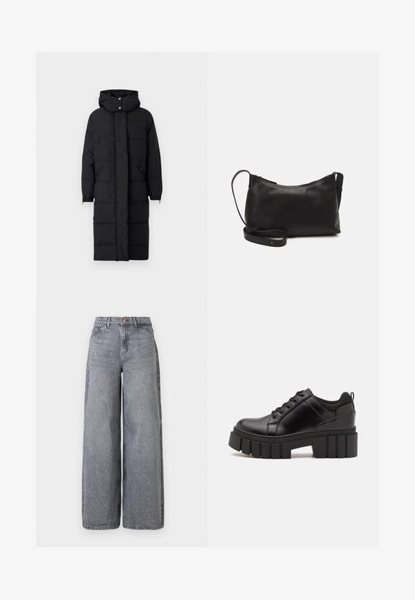 Casaco longo acolchoado preto com um colarinho alto, fecho éclair à frente e punhos elásticos. Apresenta dois bolsos laterais e uma textura de tecido suave.; Suéter de malha cropped em azul marinho escuro com textura canelada, mangas curtas largas e decote redondo. Design simples, sem padrões ou acentos visíveis.; Calças de ganga de perna larga numa lavagem cinza desbotada, apresentando cinco bolsos, um fecho de botão e uma textura macia com subtis detalhes de esfumaçamento.; Sapatos de plataforma em couro preto com um salto bloco robusto, bico redondo e design clássico de atacadores. Apresentam uma textura suave e detalhes mínimos.; Bolsa de ombro em pele preta com textura suave, forma curva, alça ajustável e fecho com zip. Design minimalista sem adornos.