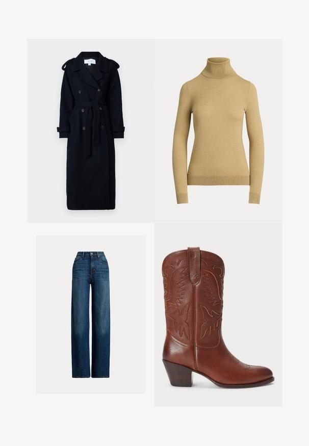 VILA VISOFIE HEAVY MAXI - Ballonkabát - navy; Világos bézs garbó pulóver, sima, puha kötésből készült. Hosszú ujjak és testhez simuló szabás jellemzi, bordázott aljúval.; Sötétkék, bő szárú farmernadrág. Magas derekú, gombos záródással és klasszikus, öt zsebes dizájnnal rendelkezik. Simaság jellemzi, enyhe kopással.; Barna bőr cowboy csizma hegyes orral, dombornyomott nyugati mintával és rétegezett sarokkal. Tartalmaz varrást és sima felületet.