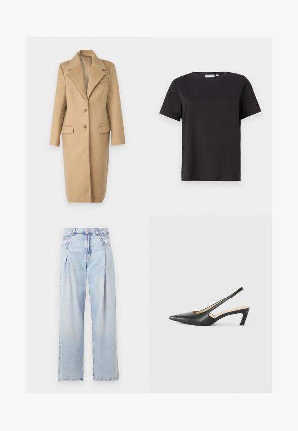 Gaiši brūns vilnas mētelis ar iegrieztu apkakli, vienu pogu aizdari un divām priekšējām kabatām. Iezīmē taisnu piegriezumu un maigu tekstūru.; Melns kokvilnas t-krekls ar īsām piedurknēm, apaļu kakla izgriezumu un vienkāršu, tīru dizainu. Nav redzamu rakstu vai rotājumu.; Gaiši zilas džinsu bikses ar augstu jostasvietu, plats kāju griezumu, divām sānu kabatām un krokotā dizaina akcentiem. Mīksta tekstūra ar izdilušu apdari.; Melna, ar smailu purngalu, slingback kurpe ar zemu papēdi, izgatavota no gludas ādas materiāla un ar izgriezumiem sānos gaisa caurlaidībai.