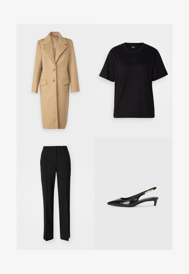 Manteau en laine brun clair avec un col à revers, fermeture à un bouton et deux poches avant. Présente une coupe droite et une texture douce.; T-shirt en coton noir avec un col rond, des manches courtes et un logo brodé sur la poitrine. Coupe simple et décontractée sans motifs.; Pantalon noir ajusté avec une coupe droite, présentant une texture lisse et des plis nets sur le devant. Aucune quincaillerie visible.; Talons hauts en cuir noir avec un bout pointu, dotés d'un talon fin et d'un accent en ton or sur la lanière réglable. Texture lisse.