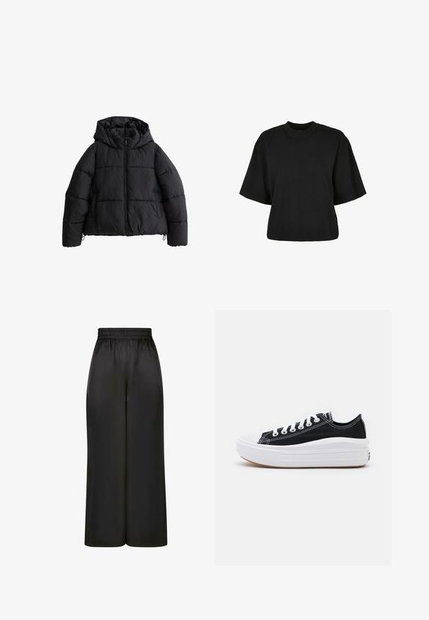 Czarna kurtka puchowa z kapturem, z zamkiem błyskawicznym, elastycznymi mankietami i pikowanym wzorem. Gładki materiał bez widocznych wzorów.; Czarny krótki t-shirt wykonany z bawełny. Posiada krótkie rękawy i okrągły dekolt. Gładka tekstura z prostym wzornictwem, bez dodatkowych wzorów.; Czarne spodnie z szerokimi nogawkami, wykonane z gładkiego, błyszczącego materiału, z elastycznym pasem i bez widocznych kieszeni ani elementów metalowych.; Czarne płócienne tenisówki z białymi sznurowadłami, białą gumową czapeczką na palcach i masywną białą podeszwą. Mają subtelne białe przeszycia i gumową podeszwę.