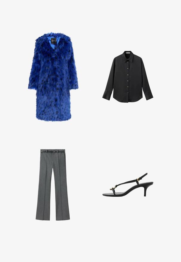 Modrá umělá kožešinová bunda s černými skvrnami, se zaobleným límcem, krátkými rukávy a měkkým, texturovaným povrchem, zdůrazňující odvážný design.; Černá dlouhá rukávová košile z hladkého materiálu, s klasickým límečkem, předním zapínáním na knoflíky ve zlatém tónu a širokými manžetami.; Šedé kalhoty na míru se rovnou nohavicí, lehký materiál, poutka na opasek a úzký opasek se stříbrnou sponou.; Černé kožené sandály na kotníkovém podpatku s tenkými pásky, zlatou sponou a minimalistickým provlečením na prstech na bílém pozadí.