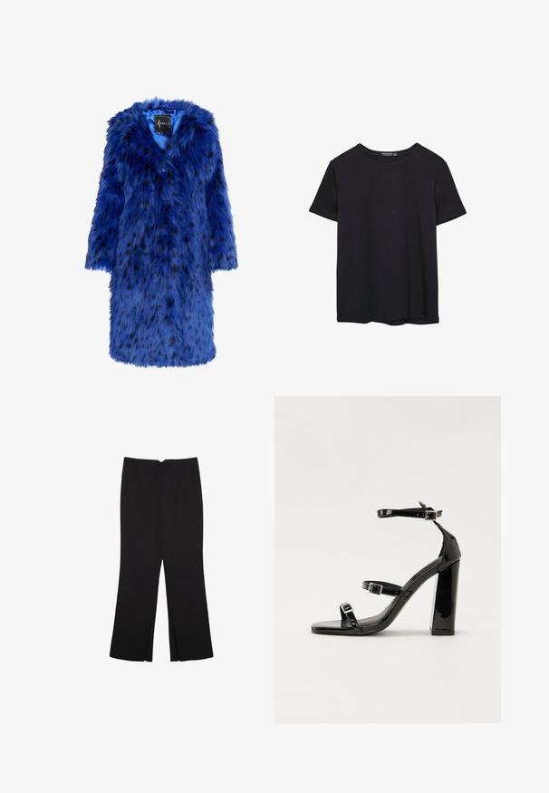 Modra umetna krzna plašč s črnimi pikami, z zaobljenim ovratnikom, kratkimi rokavi in mehkimi, strukturiranimi površinami, kar poudarja drzen dizajn.; Enostavna črna bombažna majica s kratkimi rokavi in okroglim izrezom, prikazana na belem ozadju.; Črne hlače ravnega kroja z naglavnimi žepi in stranskimi razporki na robu. Narejene iz mehke, gladke tkanine. Primerne za različne priložnosti.; Črne lakirane sandale s peto, kvadratnim prstom, trakovi okrog gležnja in srebrnimi zaponkami. Opremljene so s stabilno Debelo peto.