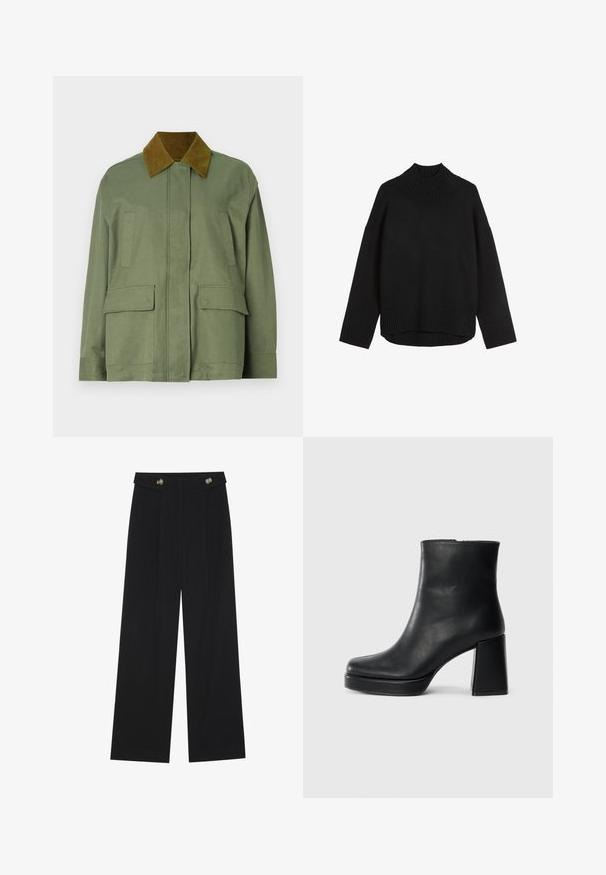 Olivengrønn jakke med en kordfløyelsbrun krage, med to frontlommer og en rett snittdesign. Glatt tekstur, minimal detaljering.; Svart strikkegenser med høy ribbestrikket krage, avslappet passform, senkede skuldre og ribbestrikket hel. Myk tekstur, minimalistisk design.; Svart vide bukser med høy midje, knappdetaljer på midjebåndet og frontplisser.; Sorte skinnankelsko med blokkhæl og plattformsåle, sett fra siden på en enkel hvit bakgrunn.