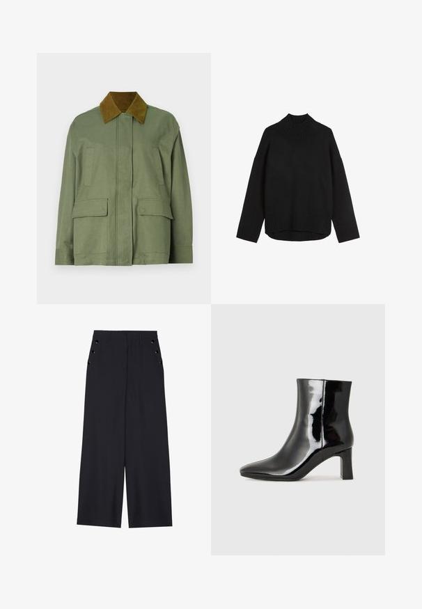 Olivengrønn jakke med en kordfløyelsbrun krage, med to frontlommer og en rett snittdesign. Glatt tekstur, minimal detaljering.; Svart strikkegenser med høy ribbestrikket krage, avslappet passform, senkede skuldre og ribbestrikket hel. Myk tekstur, minimalistisk design.; Bredde benbukser i mørk marinefarge, med en jevn tekstur, frontfalter og dekorative gullfargede øyespenner på sidelommene.; Sorte patentlær ankle boot med spiss tå og en mellomhøy blokkhelt. Glatt tekstur og minimalistisk design.