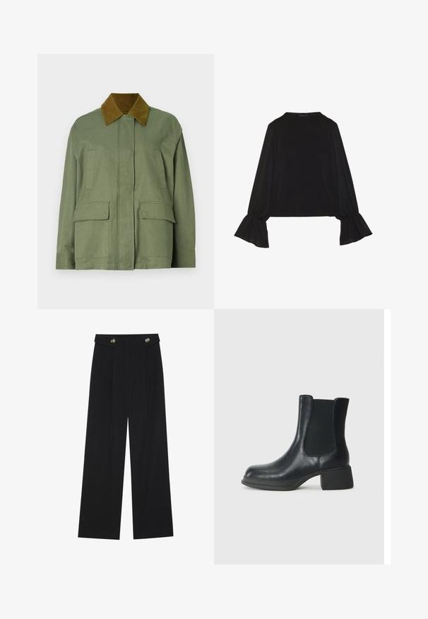 Olivengrønn jakke med en kordfløyelsbrun krage, med to frontlommer og en rett snittdesign. Glatt tekstur, minimal detaljering.; Svart langermet topp med utsvingte mansjetter, myk tekstur og avslappet passform, med enkel rund hals.; Svart vide bukser med høy midje, knappdetaljer på midjebåndet og frontplisser.; Sorte skinn ankle boots med elastiske sidepaneler, rund tå og en lav blokk hæl. Overflaten har en jevn tekstur og minimal detaljering.