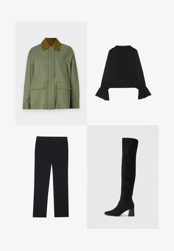 Jachetă de culoare verde măslinie cu guler din catifea maro, având două buzunare frontale și un design drept. Textură netedă, detalii minime.; Top negru cu mânecă lungă, cu mansete evazate, textură moale și croială lejeră, având un guler rotund simplu.; Pantaloni negri cu un design drept, dotati cu buzunare laterale si o textura de material neteda. Detalii minimale, talie curata.; Cizme negre din suede, cu toc bloc, vârf ascuțit și un design neted, fără cusături, pe un fundal deschis.