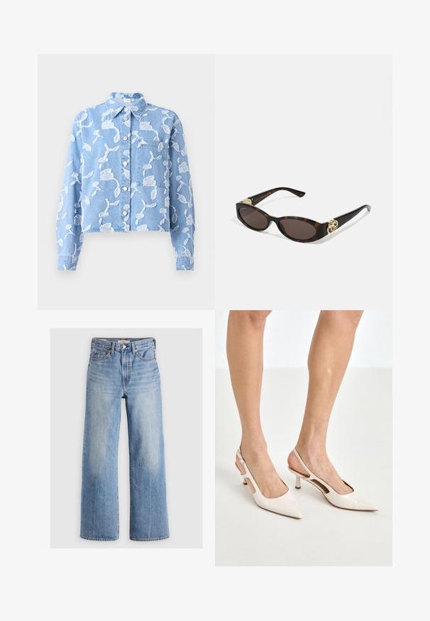 Mėlynas džinsinis marškinis su balta gėlių siuvinėjimu, apykakle, ilgomis rankovėmis ir priekinėmis kišenėmis. Yra sidabro spalvos mygtukai per visą centrą.; Balta marškinių palaidinė iš lygaus medvilnės, su klasikiniu apykaklės dizainu, tiesiu apvadu ir smėlio spalvos mygtukais priekyje.; Šviesiai mėlyni džinsiniai kelnių plačiais kojomis ir aukštu liemeniu, su nusidėvėjusiomis vietomis, penkiomis kišenėmis ir kontrastinėmis siūlėmis. Klasikinis uždarymas mygtuku ir užtrauktuku.; Šviesiai pilkos, lakuotos odos slingback aukštakulniai su smailiu noseliu ir 5 cm kulnu, su išpjovomis šonuose ir plona kulkšnies juostele.; Tortoise kiaurinių saulės akinių su pailgomis ovalo formos lęšiais, rudos spalvos atspalviu, auksinėmis logotipo detalėmis ant šakelių ir elegantiškais juodais rankenėlėmis.