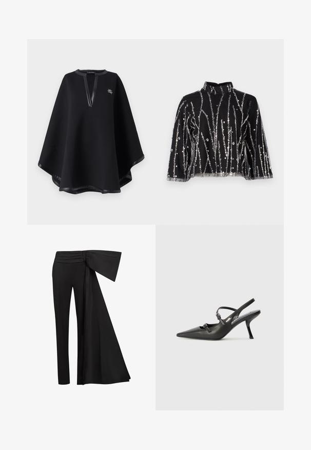 Poncho preto feito de tecido macio, com um decote em V profundo e acabamento em pele sintética, além de um logótipo bordado. Acabamento suave e texturizado.; Top preto cropped com gola alta, apresentando linhas verticais de lantejoulas prateadas, mangas transparentes e tecido texturizado.; Calças pretas com um amplo detalhe drapeado na cintura. Tecido suave, corte de perna reta e cintura pregueada.; Sapatos de salto alto em couro preto, tipo slingback, com bico pontiagudo, salto esguio e detalhe decorativo em fivela no peito do pé. Textura suave e design elegante.
