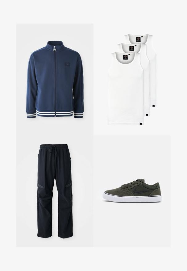 Navy track jacket with high collar, full zipper, and front logo. Features white stripe accents on cuffs and hem, made from smooth fabric.; Three white ribbed tank tops made of cotton. Features a crew neck and small black labels near the hem. Available in multiple sizes.; Black casual pants with elastic waistband, drawstring, and zippered pockets on a white background.; Green suede sneaker with black accents and white rubber sole; features laces, padded collar, and a side logo. Smooth texture, low-top design.